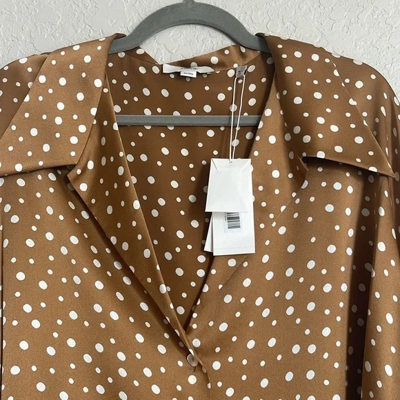 NWT Vince Tossed Dot Button-front Silk Blouse In Brown - Picture 5 of 14